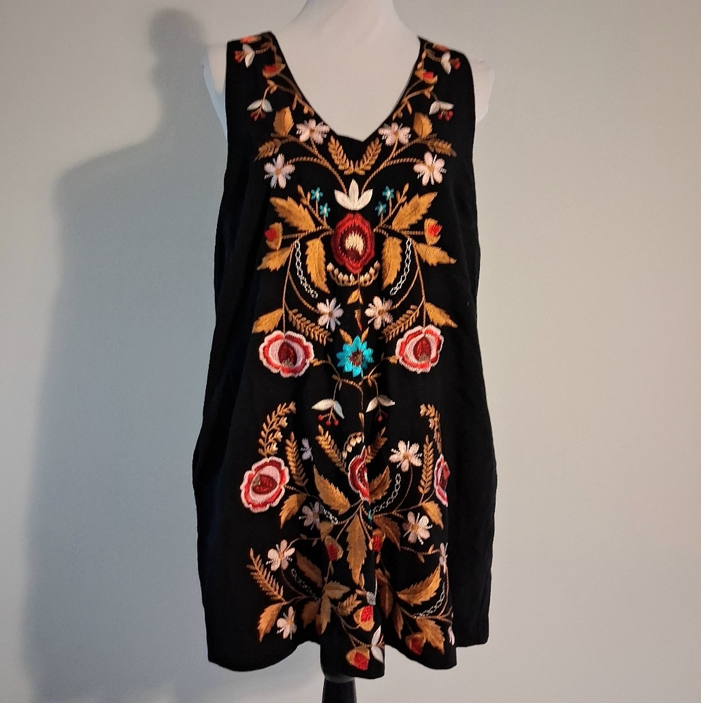 Free People Embroidered Black Sleeveless Mini Dress Size Med - Picture 2 of 13